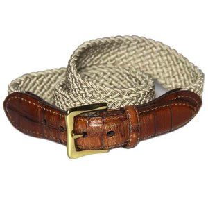Vintage Braided Nylon and Leather Belt Beige Brown Made in America Men's Size 30